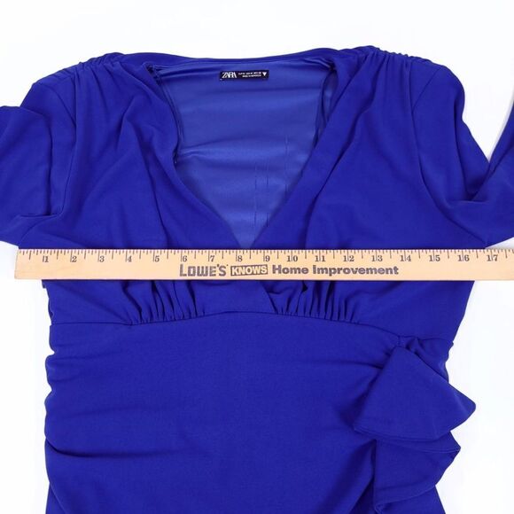ZARA Ruched Draped Ruffle Shoulder Pad Bodycon Mini Dress Cobalt Womens Medium - Picture 3 of 8